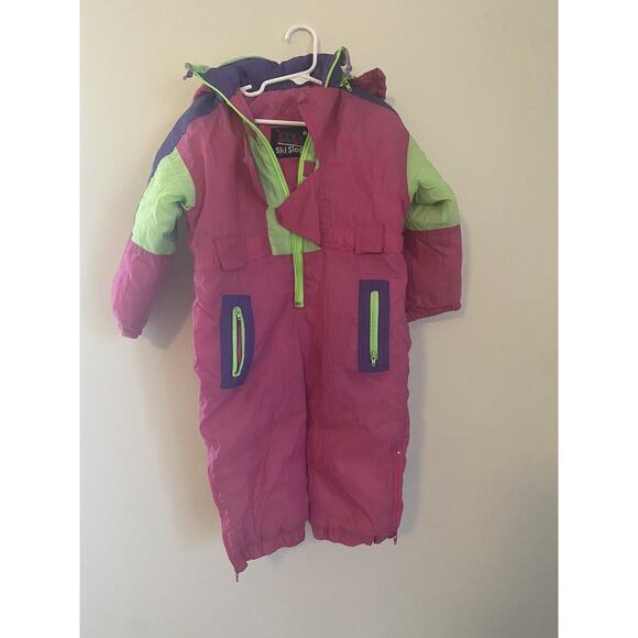 VTG Ski Slope 80s Toddler 2T Girls Retro Hooded Snowsuit One Piece Color Blocked - Picture 1 of 5